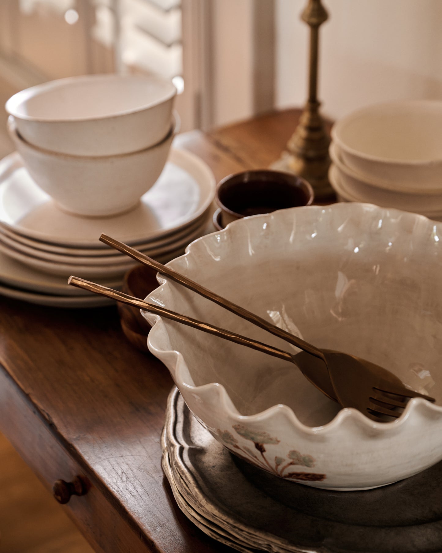 Elaine Floral Serving Bowl with serving tools and dinnerware