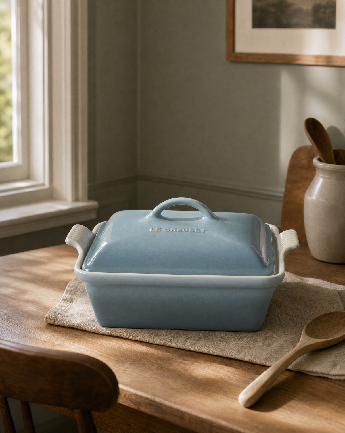Le Creuset 2.5 Qt. Heritage Covered Square Casserole Sea Salt-AI gen