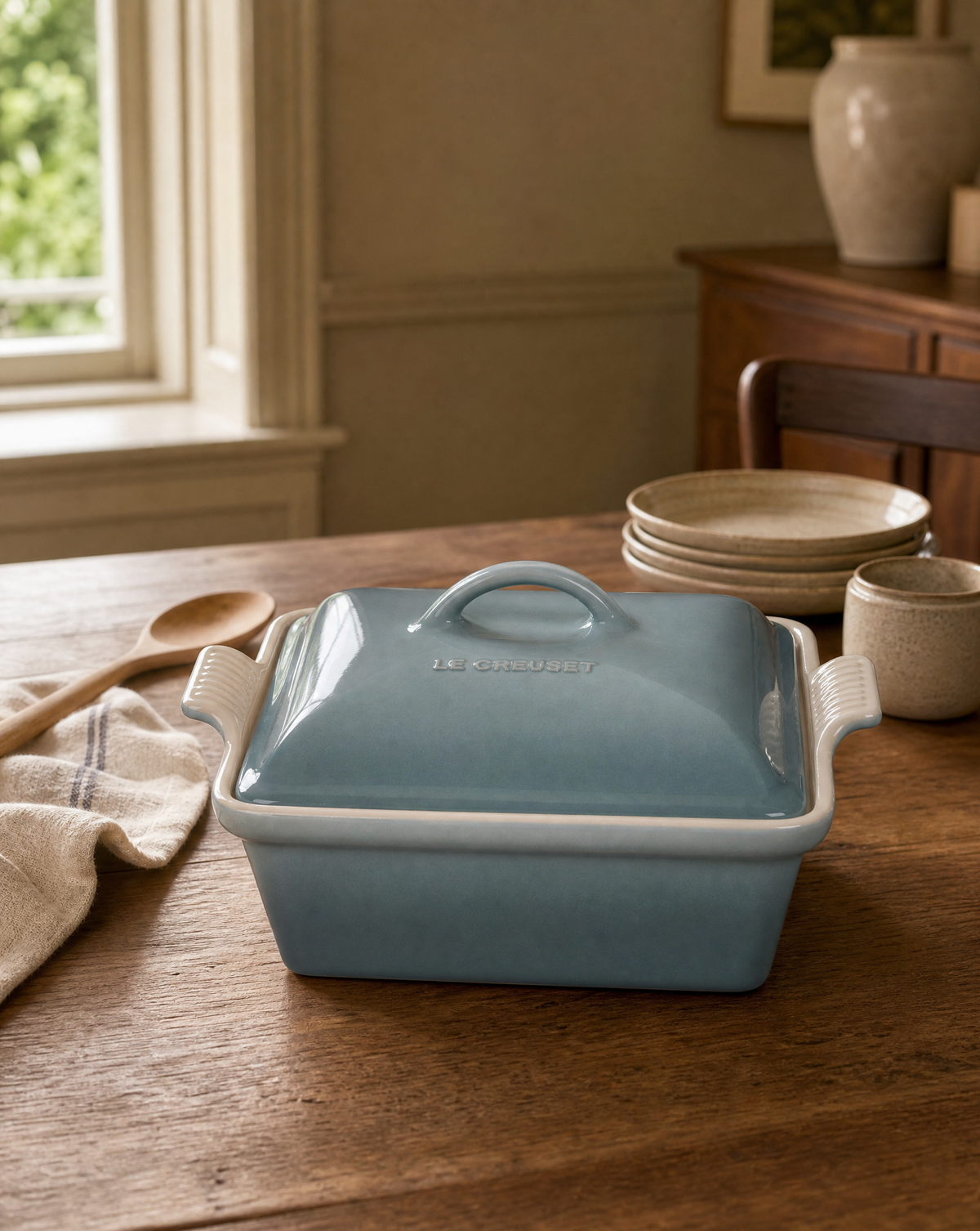 Le Creuset 2.5 Qt. Heritage Covered Square Casserole Sea Salt-AI gen