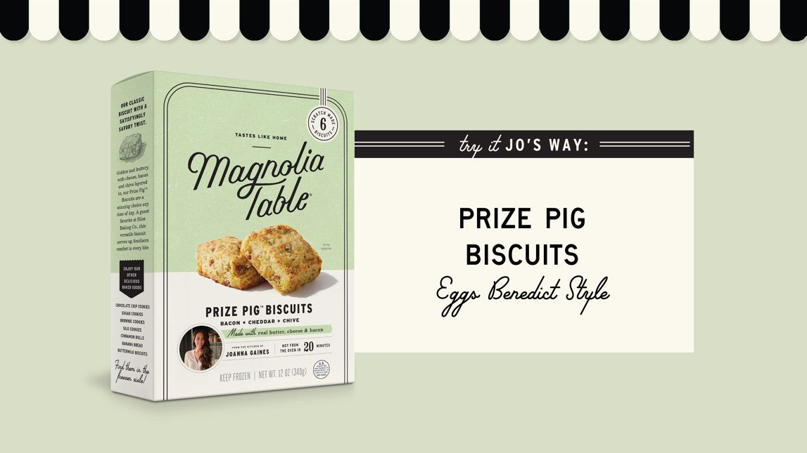Box of Magnolia Table Prize Pig Biscuits on a light green background with text overlay. Try it Jo's Way: Prize Pig Biscuits Eggs Benedict Style.