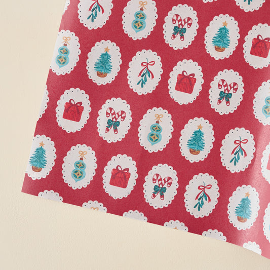 Red Cameo Christmas Wrapping Paper Roll corner up close