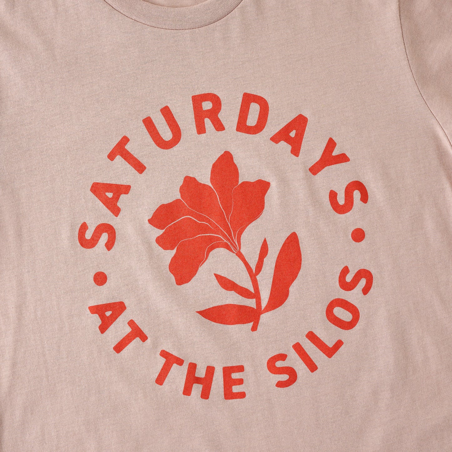 Saturdays at the Silos Pink Gravel Shirt close up of saturdays at the silos design 