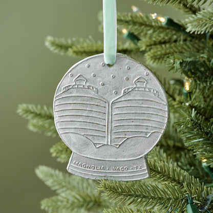 Silos Snow Globe Ceramic Ornament shown on tree