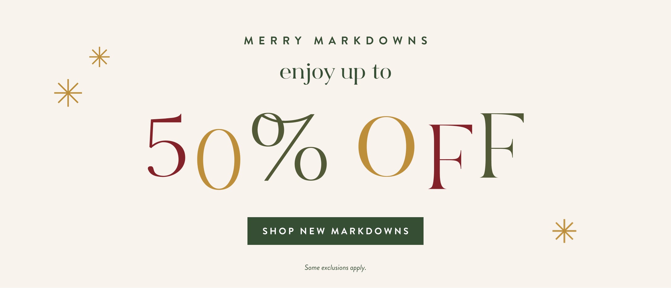 Promotional banner with 'Merry Markdowns' text and 50% off offer on a light background.