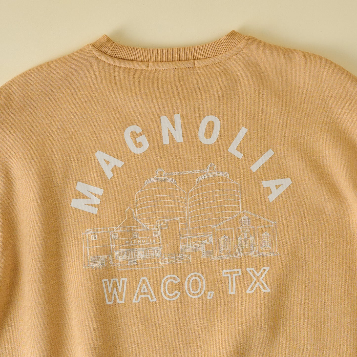 Magnolia Silos Modern Mustard Sweatshirt close up back of sweatshirt