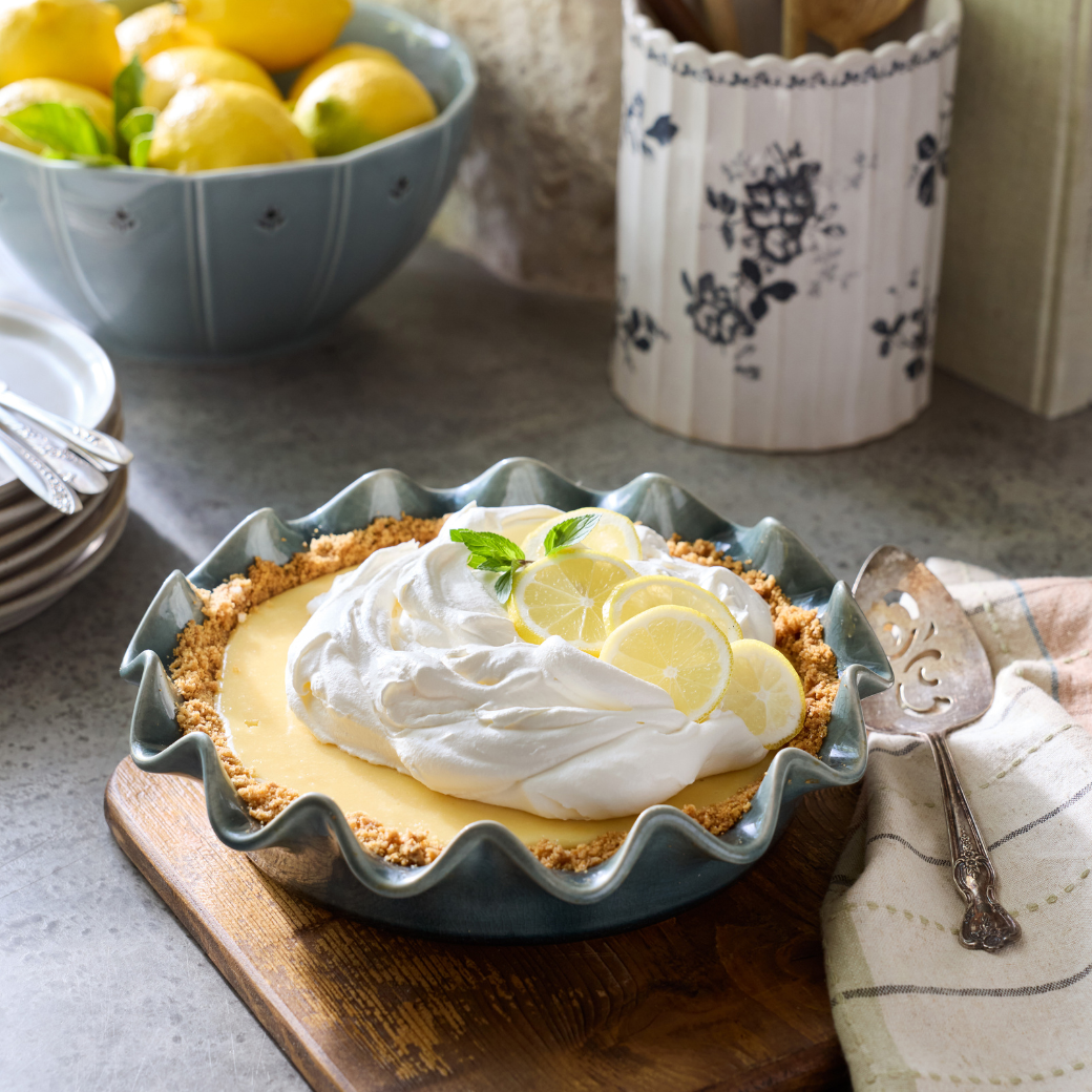 Vintage Blue Scalloped Pie Dish featured with lemon pie