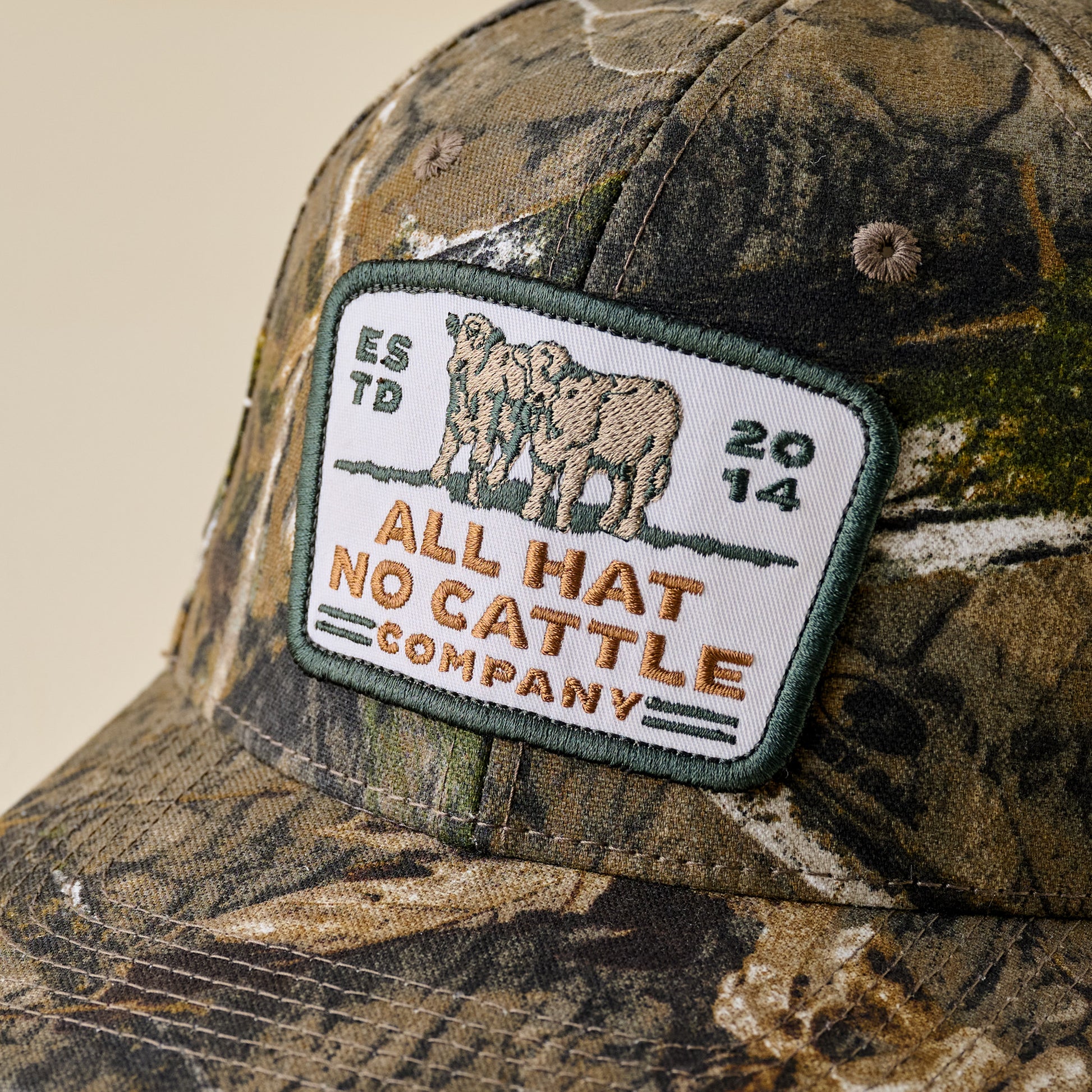 All Hat No Cattle Mossy Oak Camo Hat up close