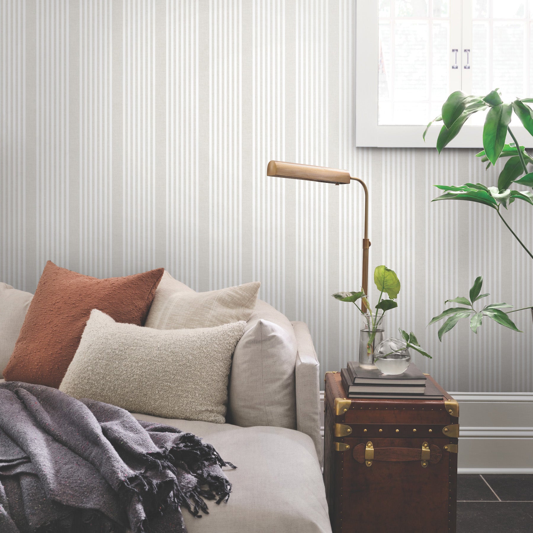 French Linen Stripe Wallpaper in soft linen shown in room