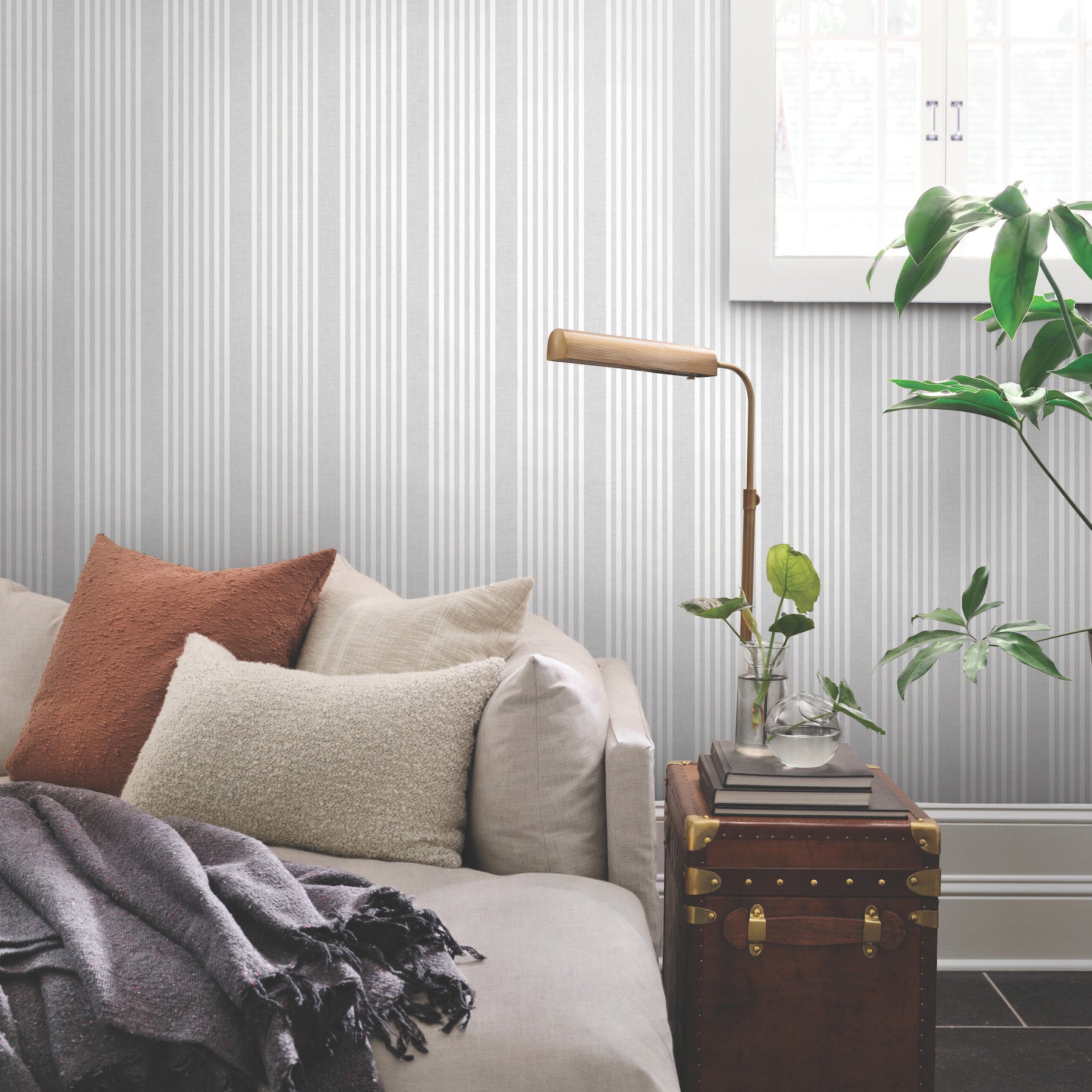 French Linen Stripe Wallpaper in arctic grey shown in room