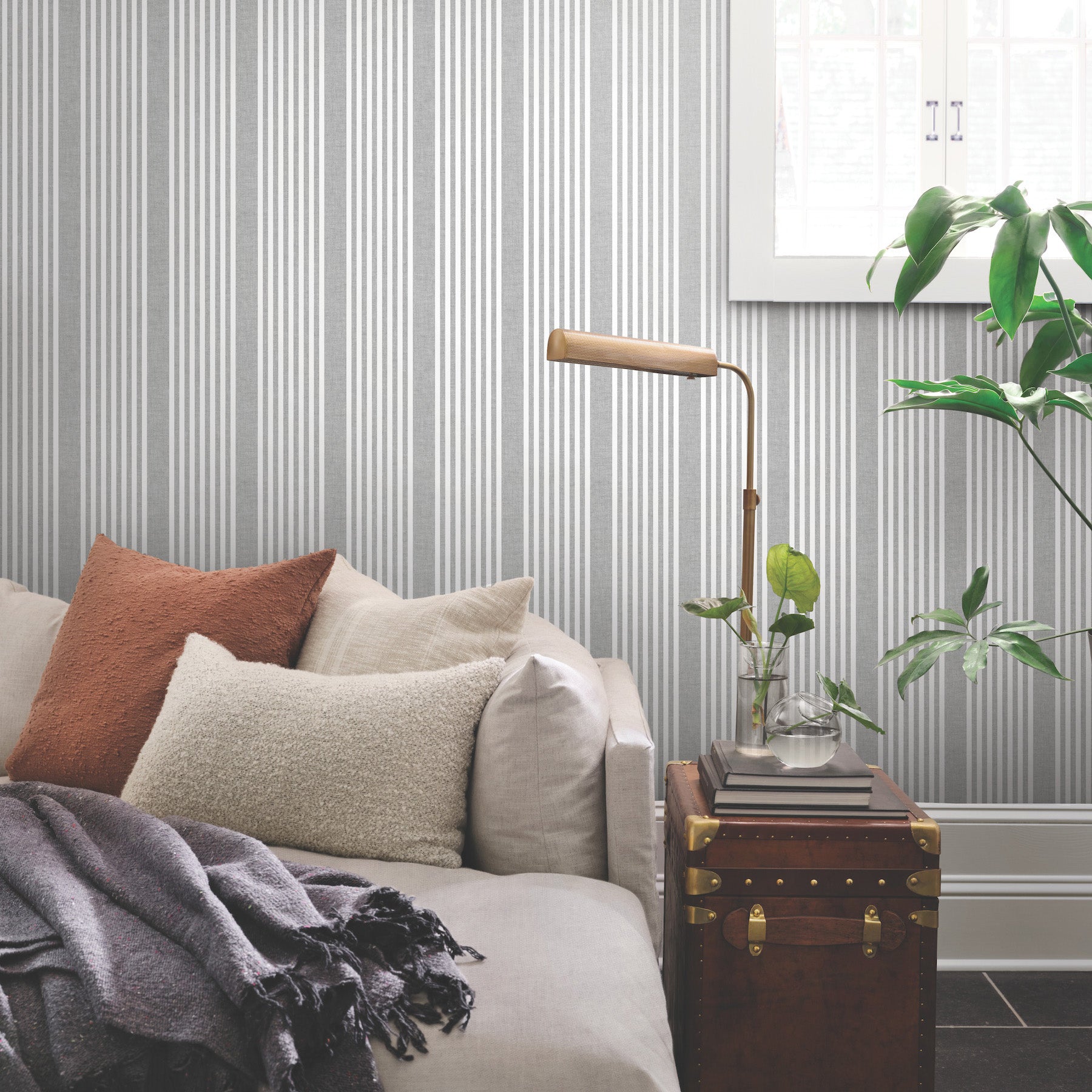 French Linen Stripe Wallpaper in charcoal shown in room
