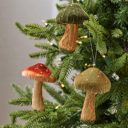 Wild Mushroom Ornament, Set of 3 shown hung on tree