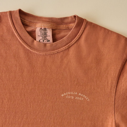 Sunshine and Silos Burnt Orange Shirt front graphic up close