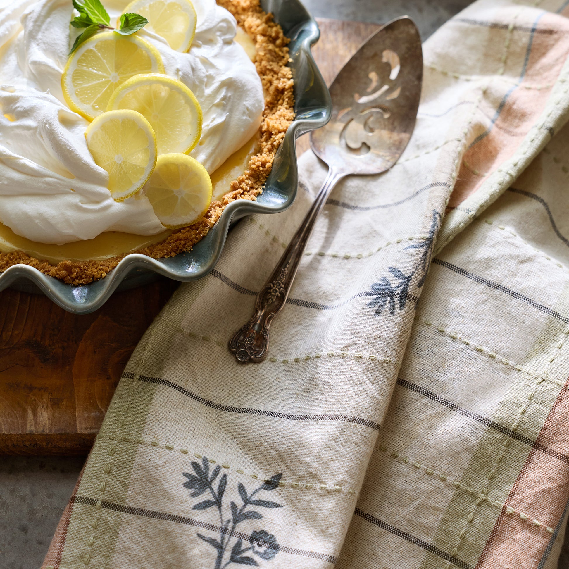 Magnolia Dawn Plaid Tea Towel in the kitchen