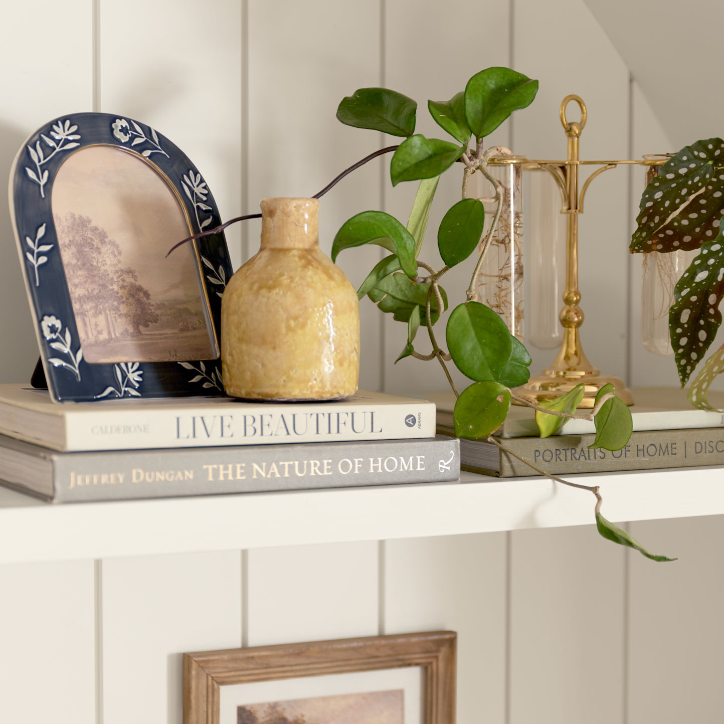 Decorative shelf with books, a vase, and plants against a white paneled wall.