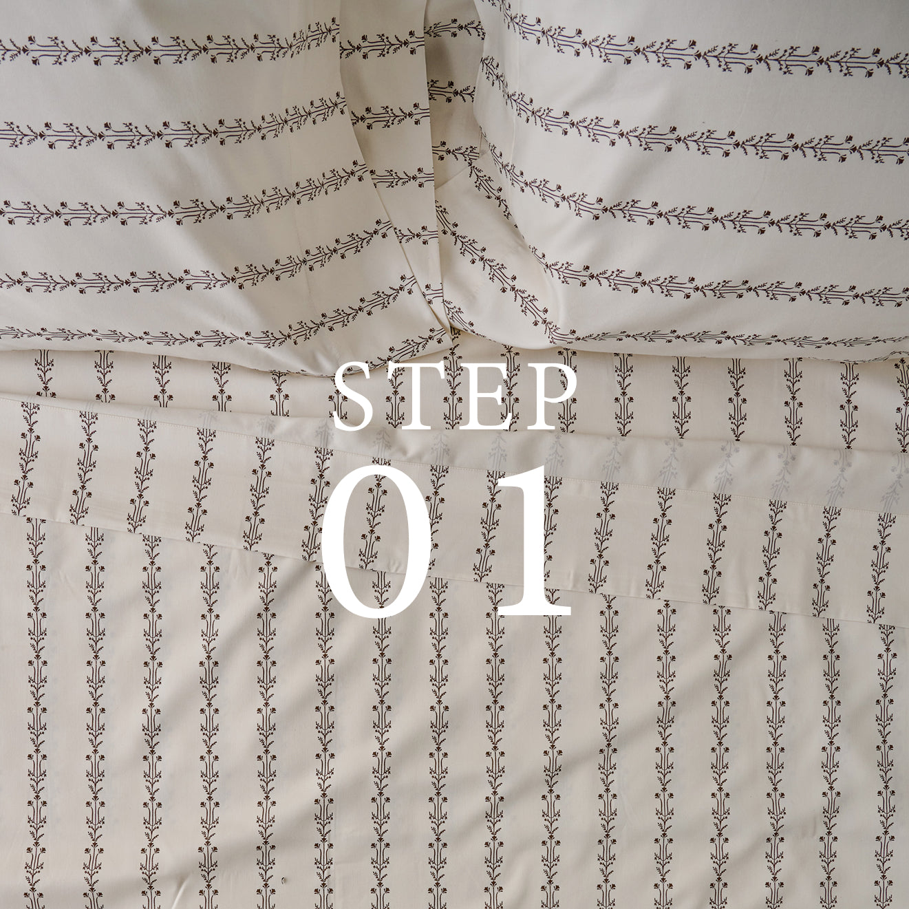 Textured fabric with a subtle pattern and 'STEP 01' text overlay.