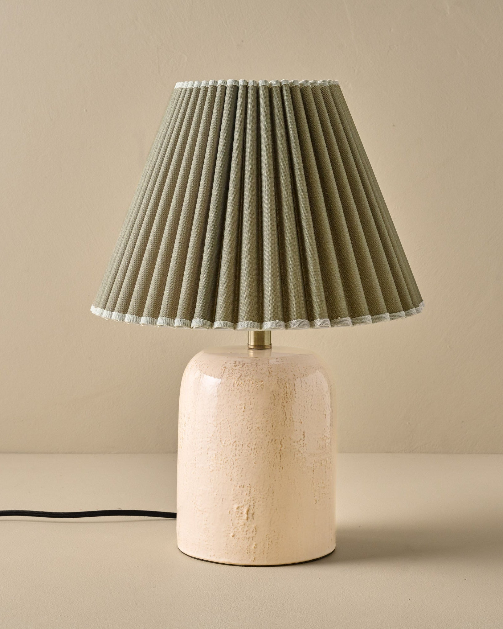 Farrah Table Lamp - Textured Cream with Olive Pleat shad