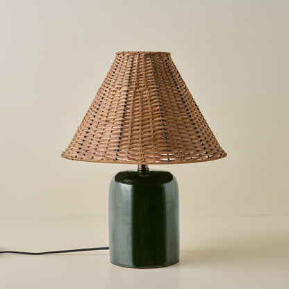 Farrah Table Lamp - Textured Green with Tapered Rattan Shade
