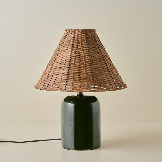 Farrah Table Lamp - Textured Green with Tapered Rattan Shade