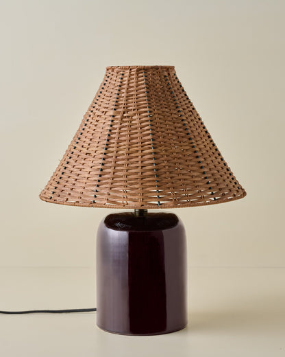 Farrah Table Lamp - Deep Burgundy with Tapered Rattan Shade