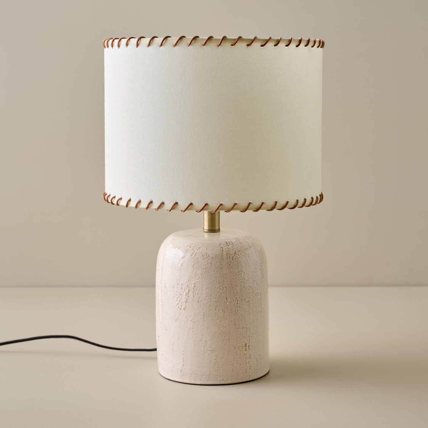 Farrah Table Lamp - Textured Cream in Whipstitch Drum Shade
