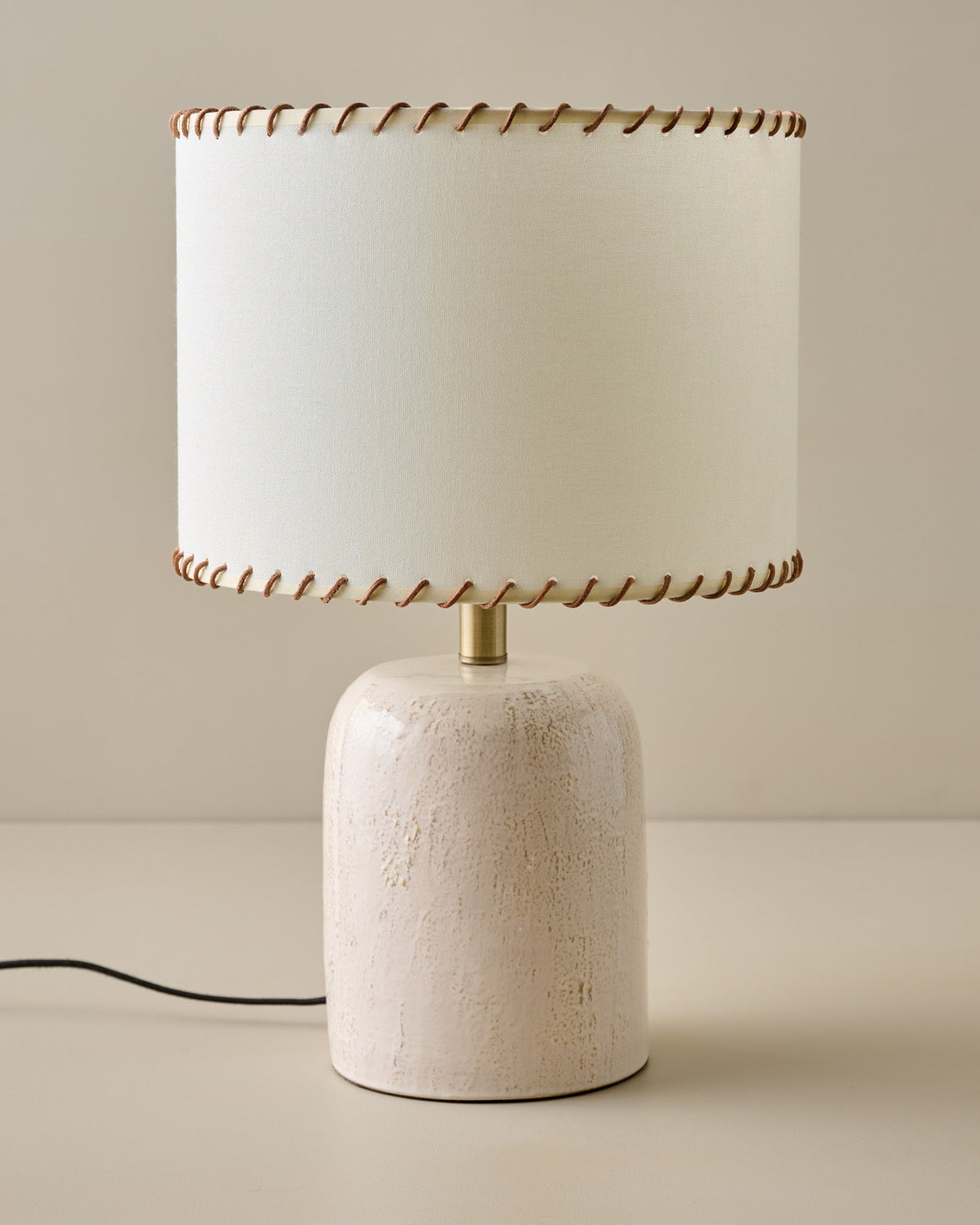 Farrah Table Lamp - Textured Cream in Whipstitch Drum Shade