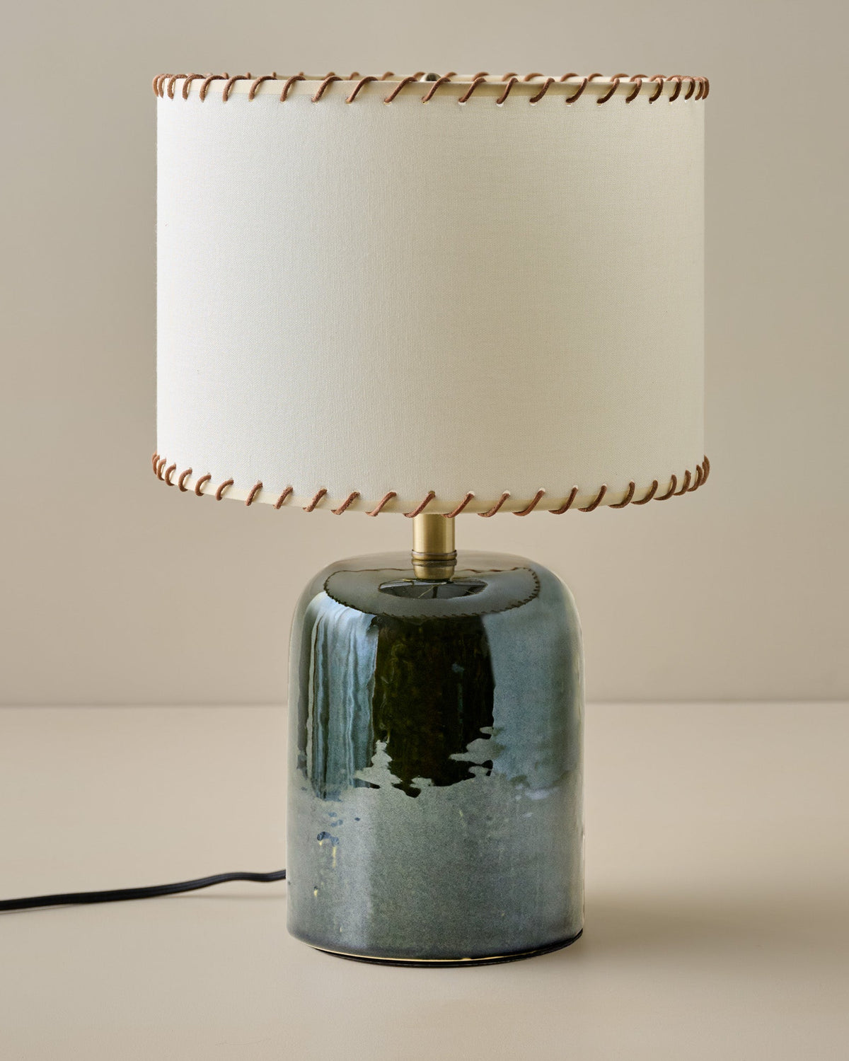 Farrah Table Lamp - Textured Green in Whipstitch Drum Shade