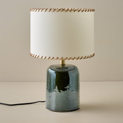 Farrah Table Lamp - Textured Green in Whipstitch Drum Shade