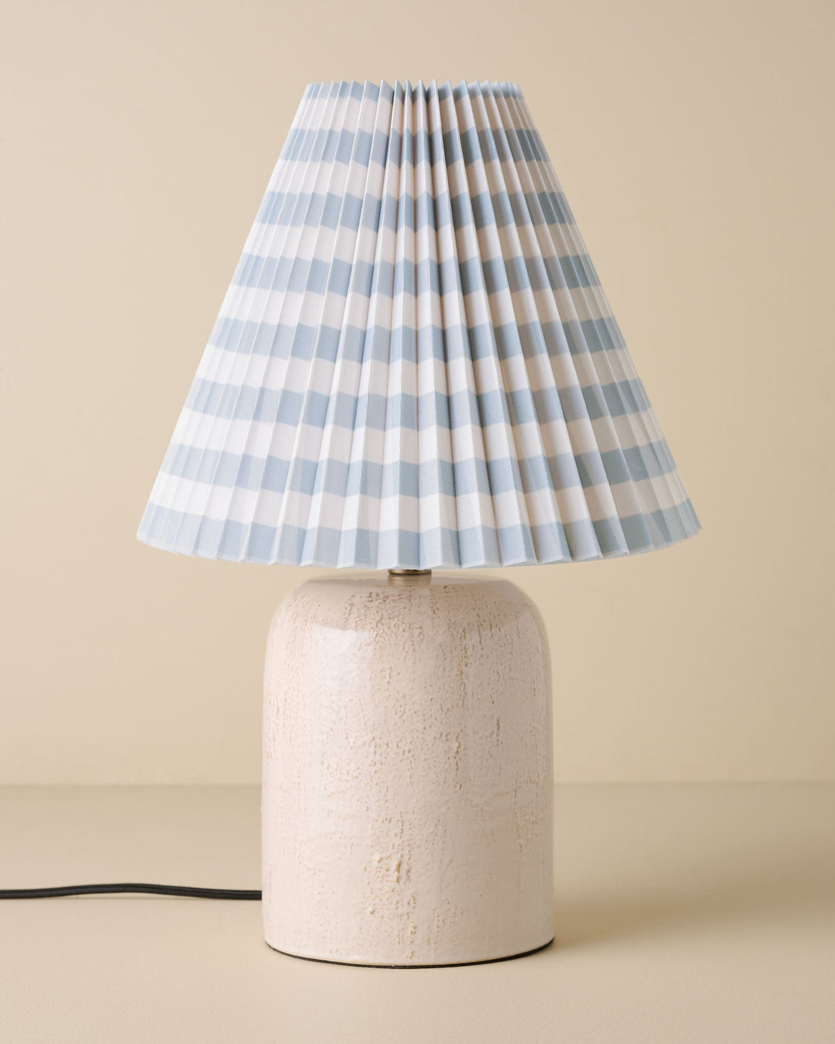 Farrah Table Lamp - Textured Cream with blue gingham shade