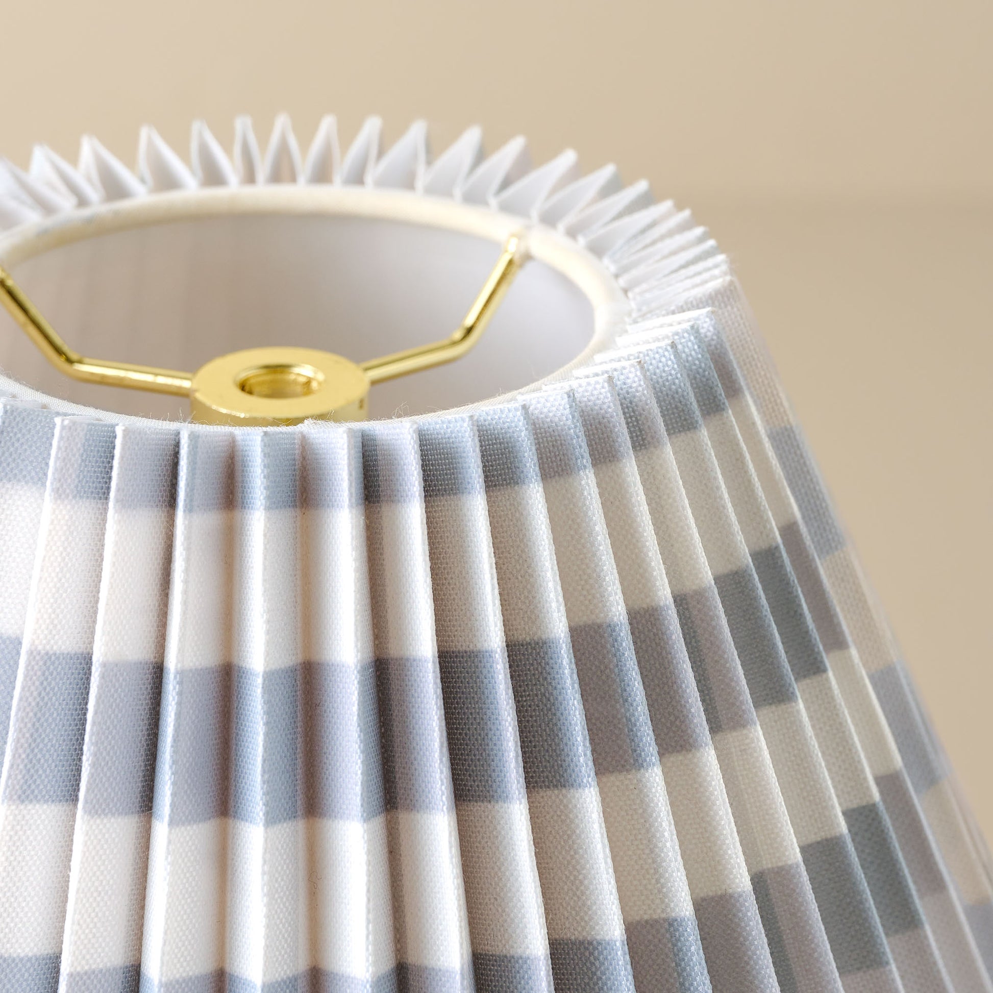 Farrah Table Lamp - Textured Cream close up of blue gingham lamp shade