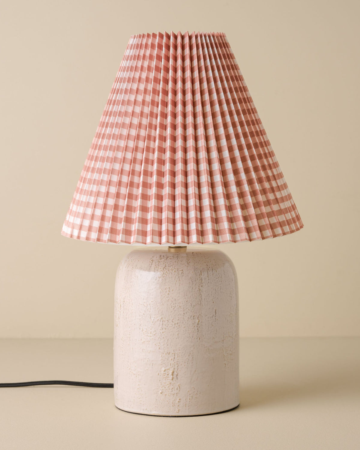Farrah Table Lamp - Textured Cream with mocha gingham lamp shade