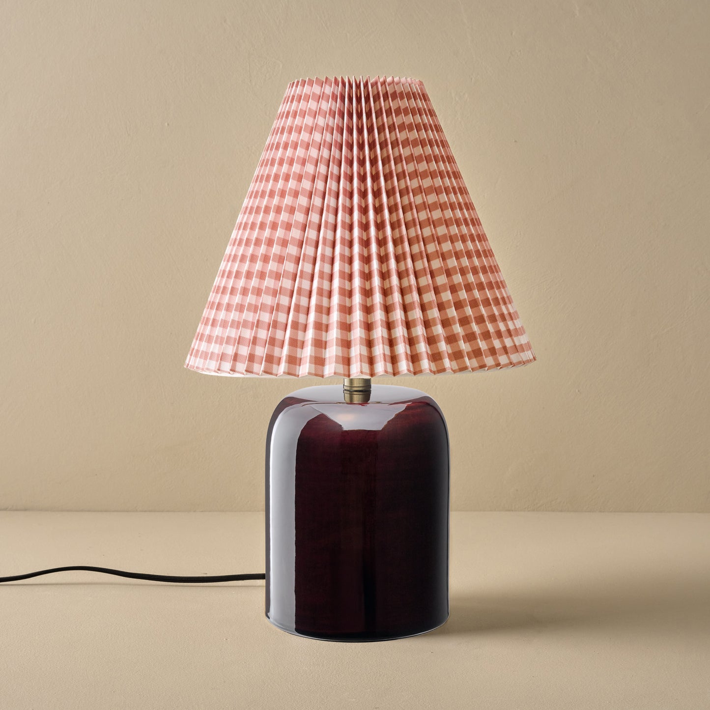 Farrah Table Lamp - Deep Burgundy with Mocha Gingham Shade