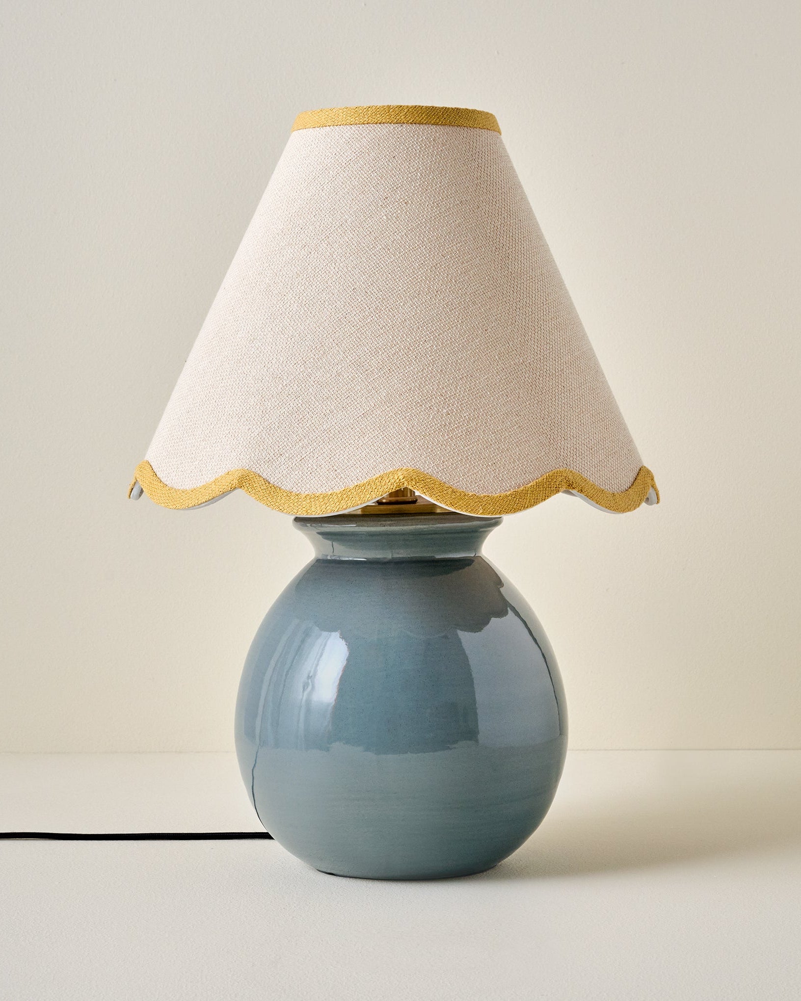 Olivia Table Lamp - Lake Blue with Mustard Yellow Wavy Linen Shade