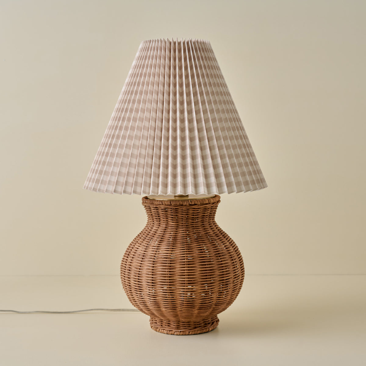 Cassie Rattan Table Lamp with Tan GIngham Shade