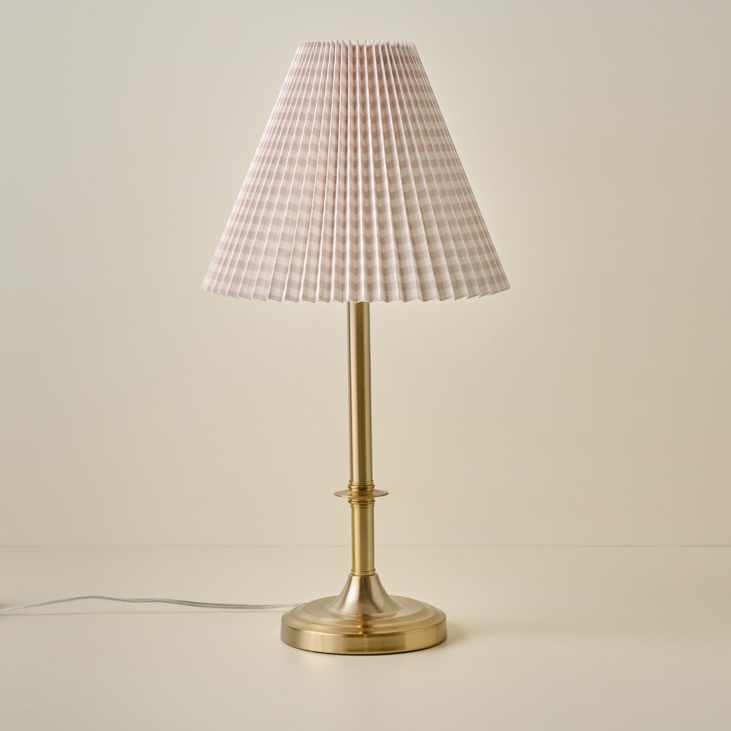 Carmen Brass Table Lamp with tan gingham shade