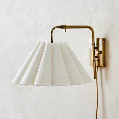 Odette Swivel Plug-In Sconce with White Linen Scallop Shade