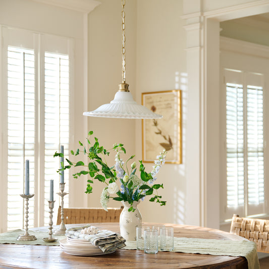 Marjorie Milk Glass Pendant (Large) in dining room over table with tablescape