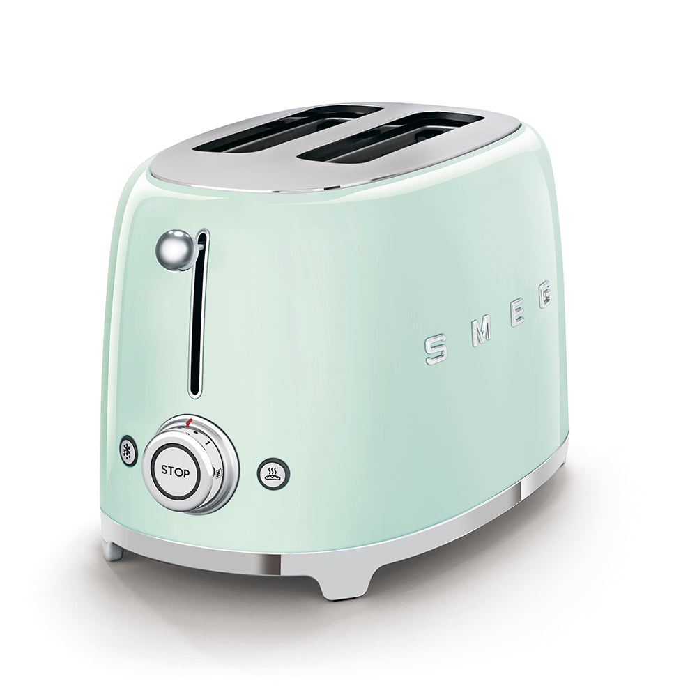 Smeg 2-Slice Toaster in pastel green showing buttons and controls