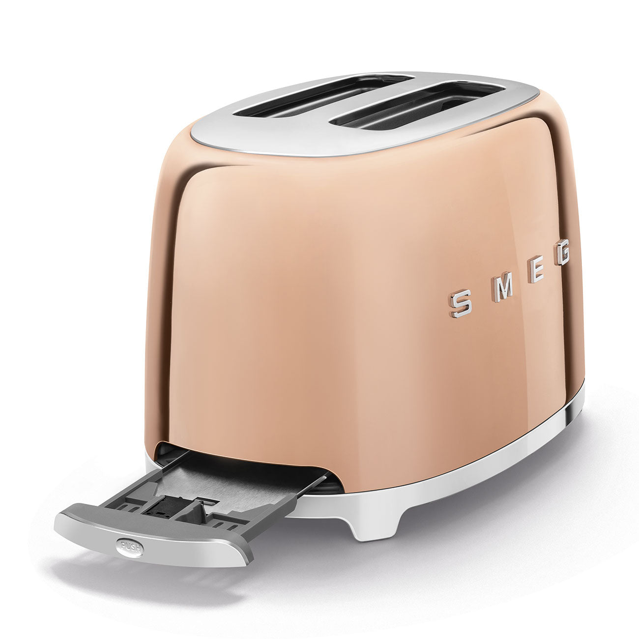 Smeg 2-Slice Toaster in rose gold showing crumb tray
