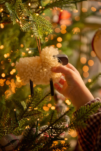 Handcrafted Shearling Sheep Ornament on a tree
