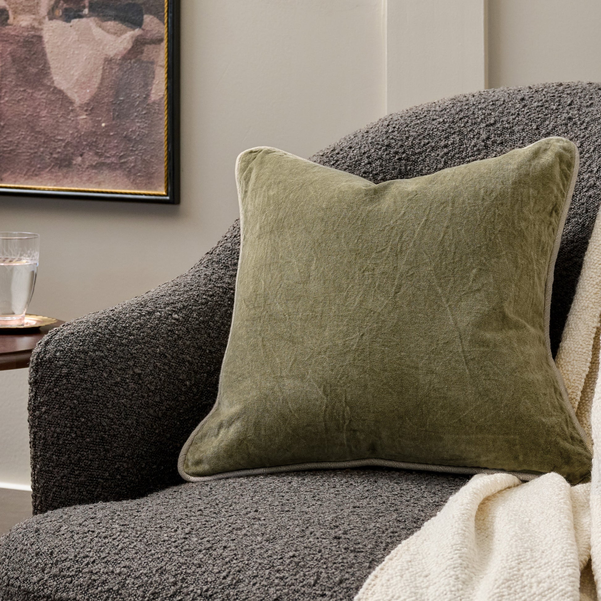 Heirloom Velvet Pillow - Moss shown on accent chair