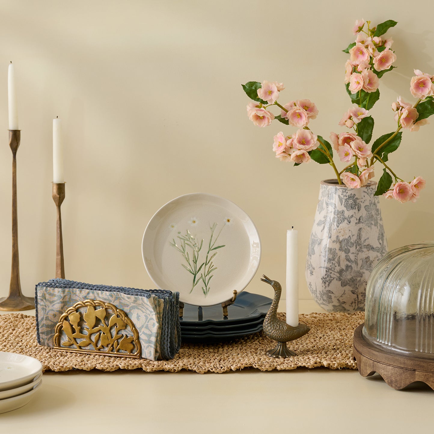 collection of tabletop and decor items on top of a table.