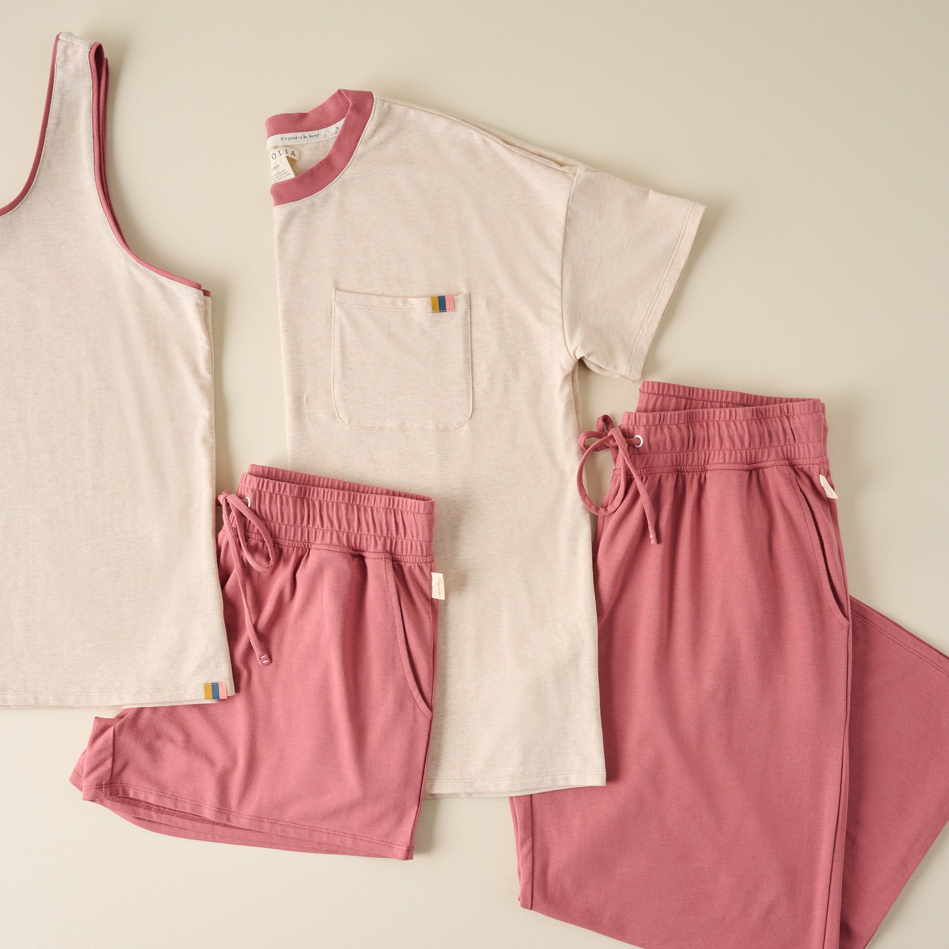 Weekender Dusty Rose Tee shown with other pieces from collection