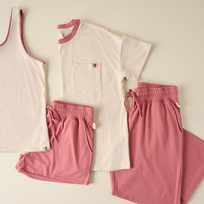 Weekender Dusty Rose Tee shown with other pieces from collection