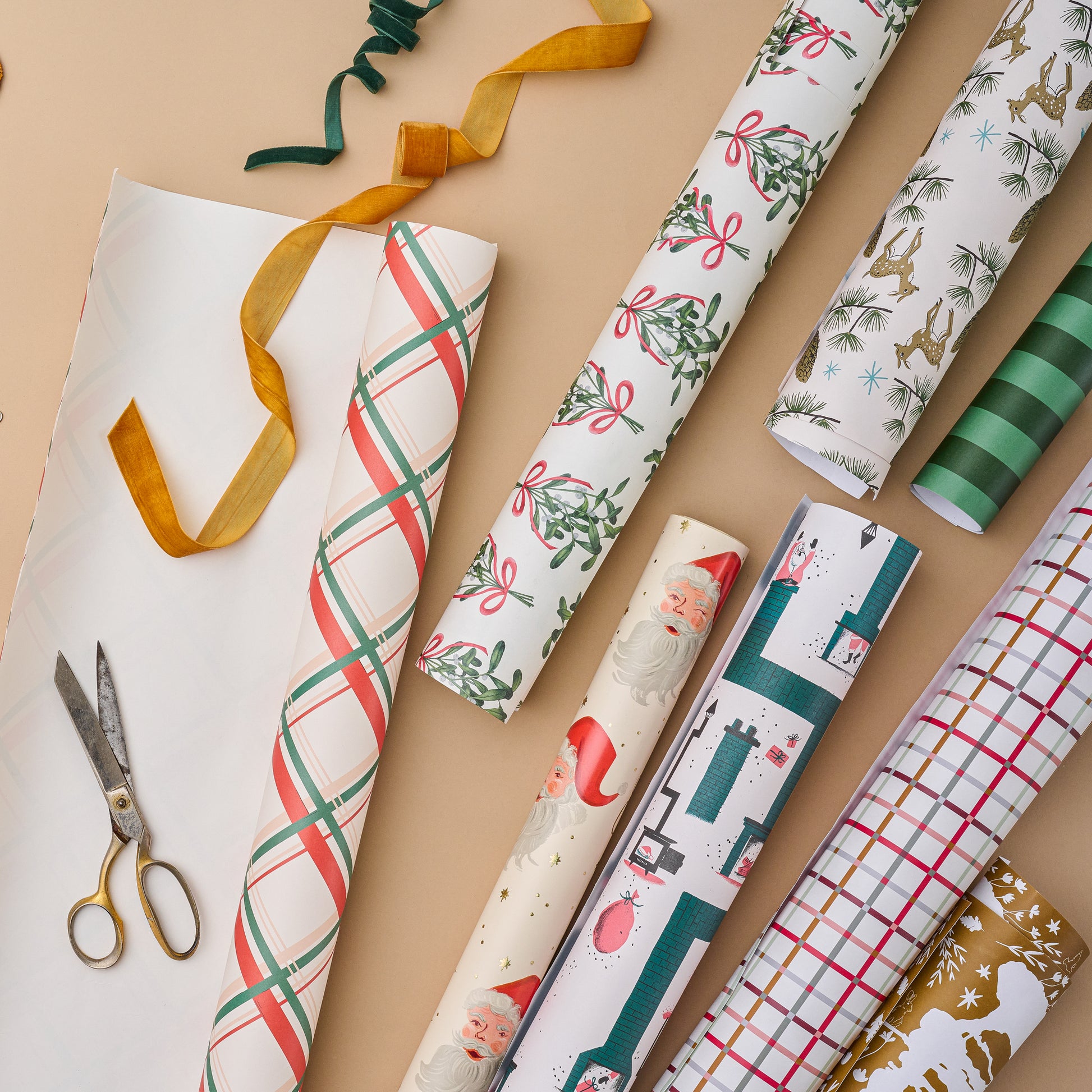 Vintage Holiday Plaid Wrapping Paper Sheets tube with scisscrs