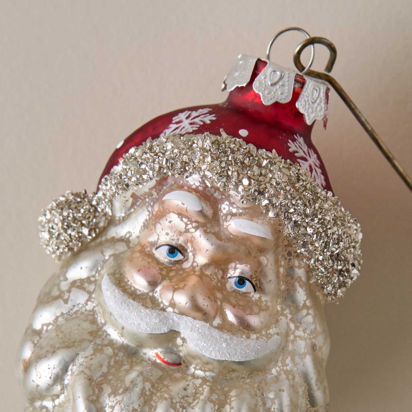 Vintage Blown Glass Santa Ornament up close