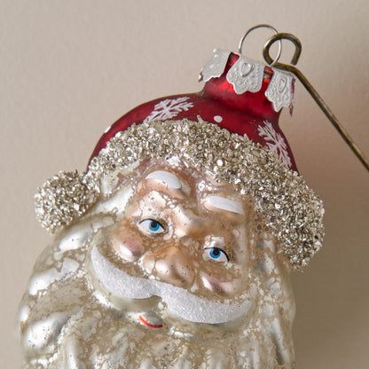 Vintage Blown Glass Santa Ornament up close