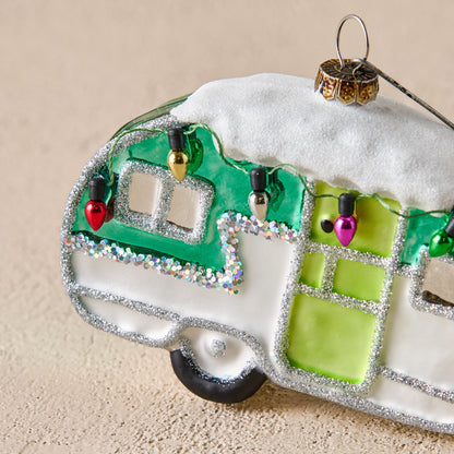 Retro Snowy Camper Ornament up close