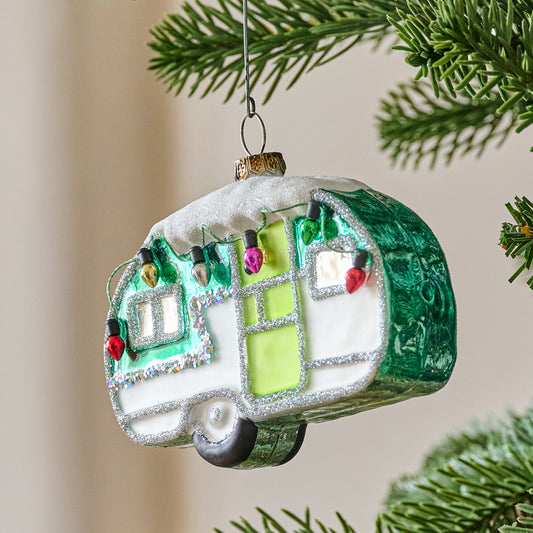 Retro Snowy Camper Ornament shown on tree
