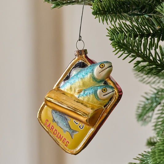 Hand-Painted Glass Sardines Ornament shown hung from tree