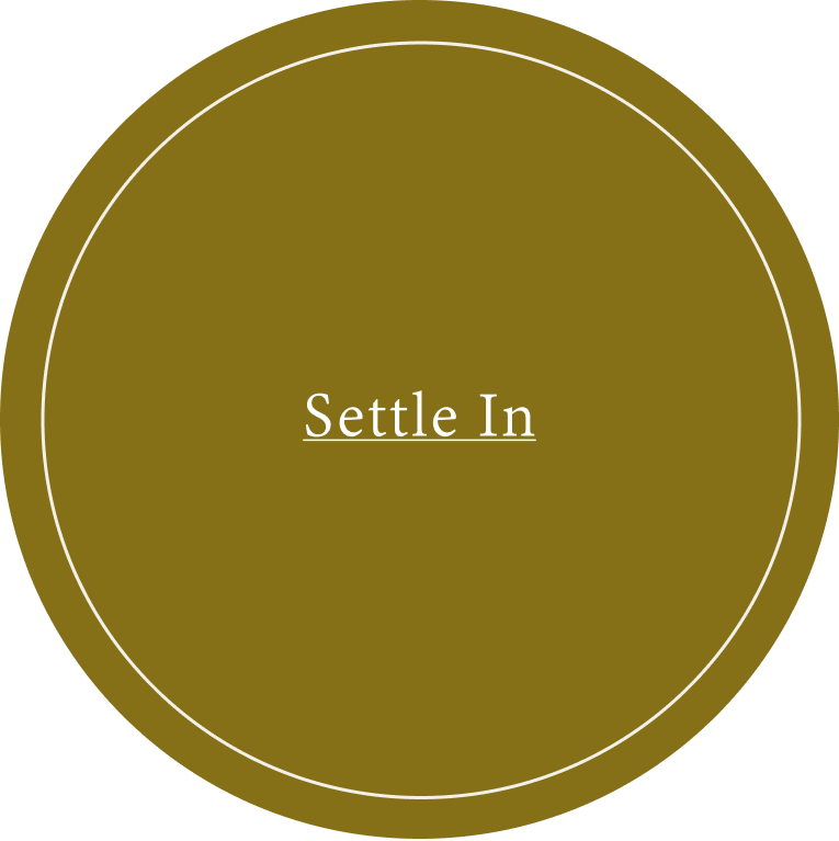 A circular graphic in a muted olive-brown color with a thin white inner ring and the words 'Settle In' centered in white serif text.